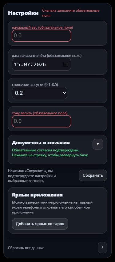Обязательные поля настроек приложения ЯСтройнею